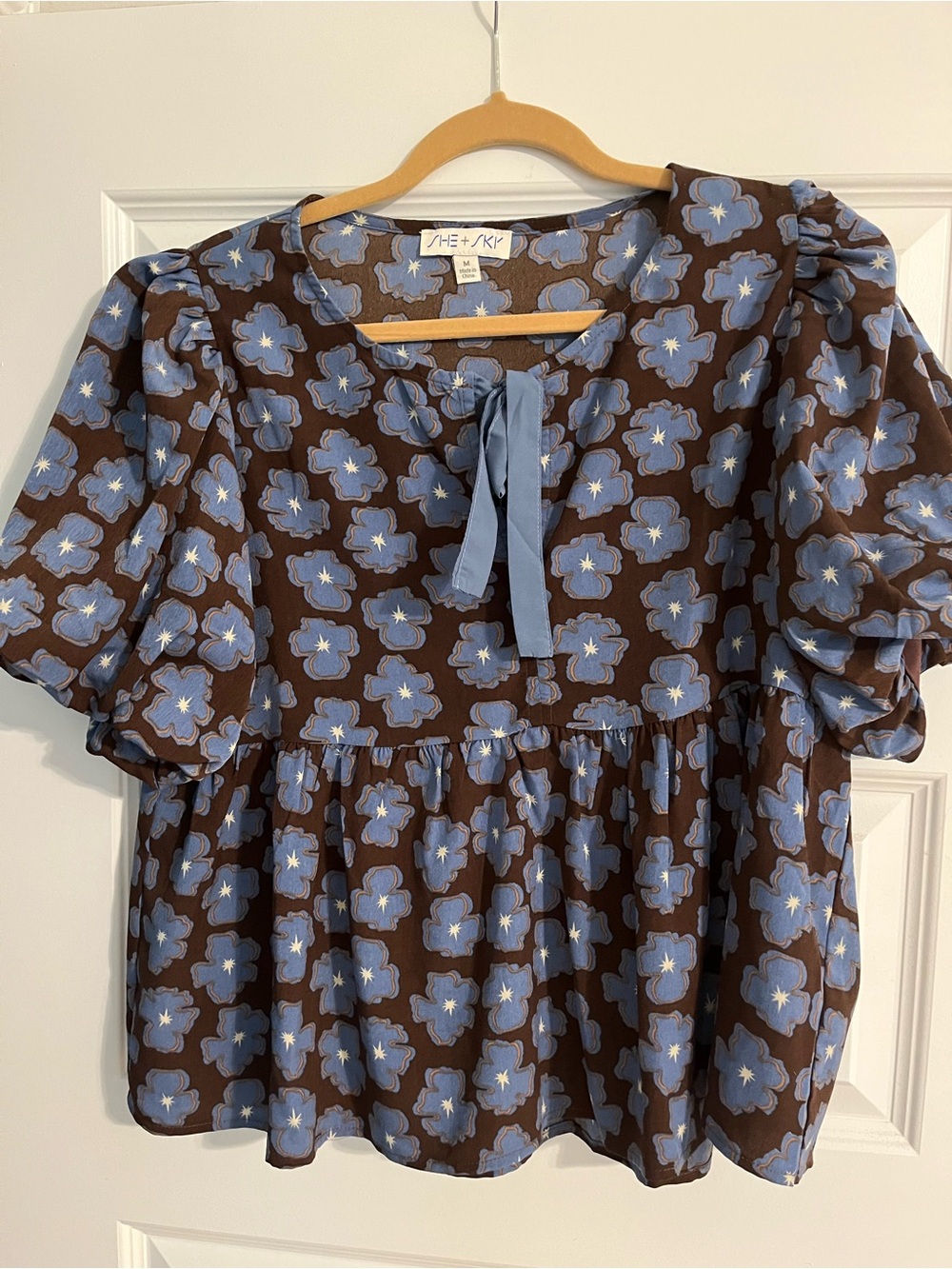 She + Sky Brown Blouse with Blue Floral Tie-Neck